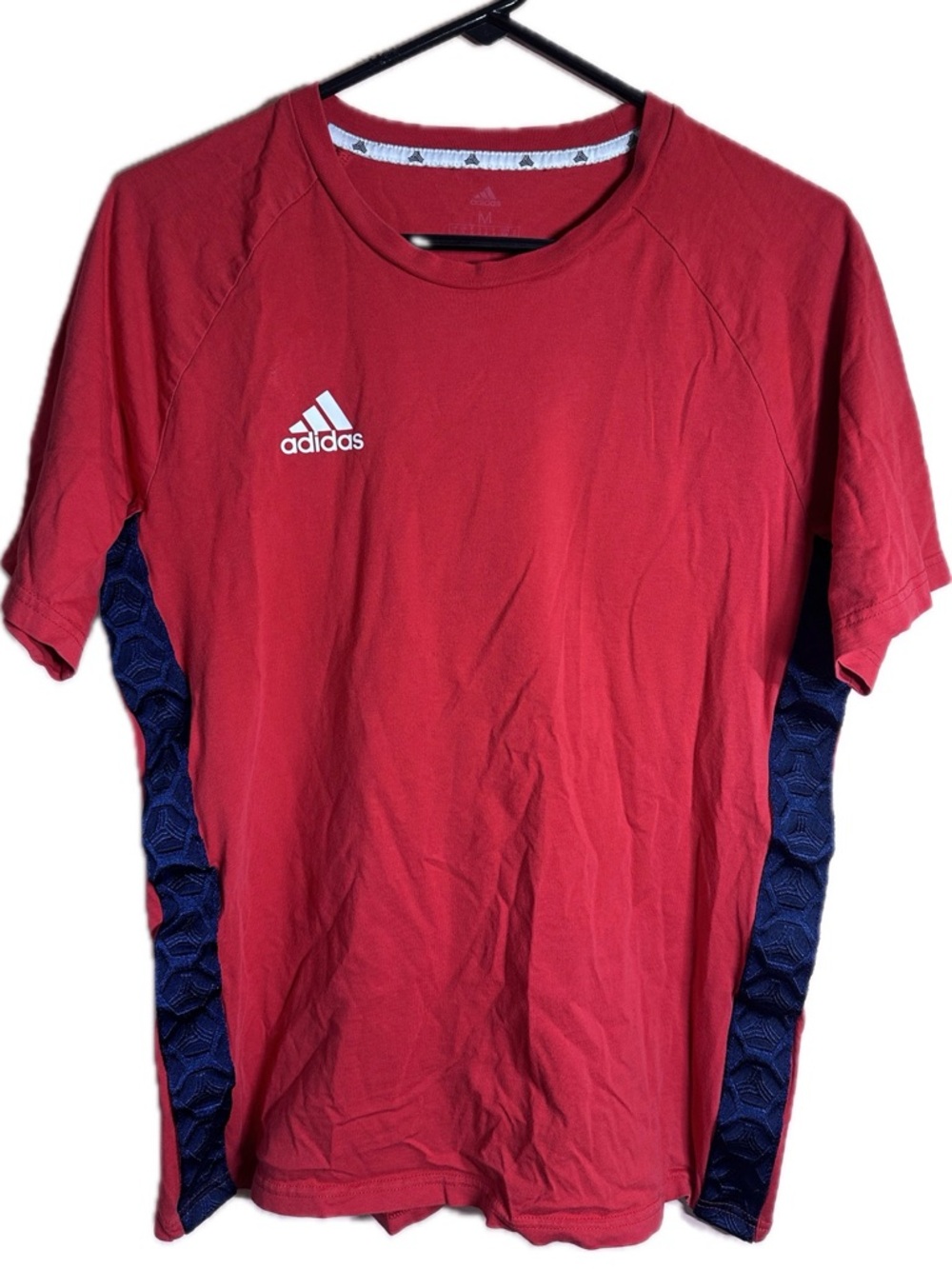 100% Cotton Adidas Men's Red Short Sleeve Tee Shirt with Blue Side Stripes